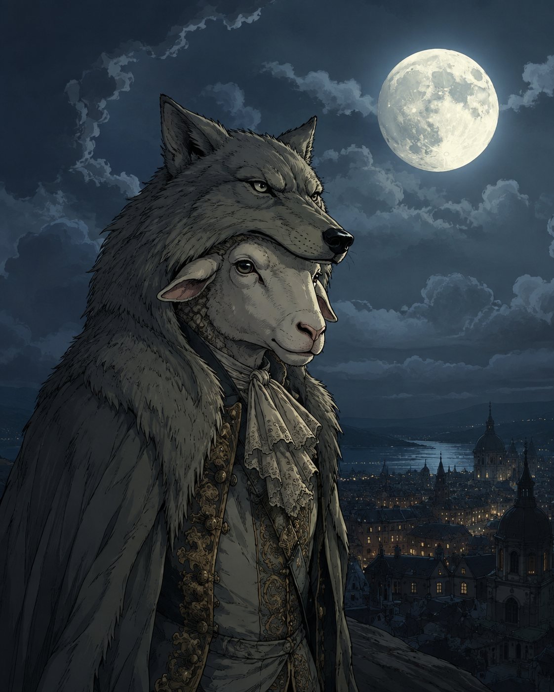 A sheep in an embroidered coat and lace cravat wearing a wolf&rsquo;s head and pelt as a cloak, standing above a lamplit city under a full moon.