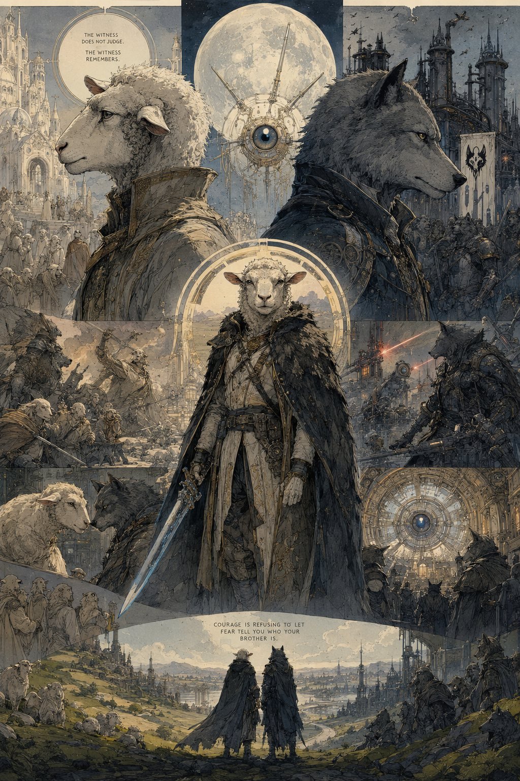 A page of panels: a robed sheep and an armoured wolf face away from one another beneath a mechanical eye and a full moon; below, a sheep in a wolf-skin cloak holds a glowing blade; at the foot of the page two figures stand together on a hill above a vast city.
